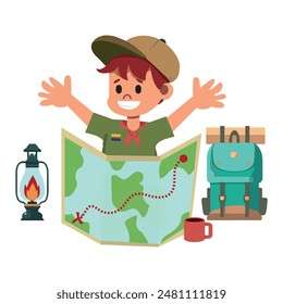 happy cute little kid boy with scout equipment.