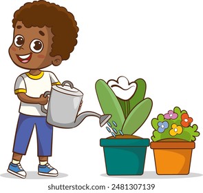 happy cute little kid boy watering flower