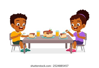 happy cute little kid boy and girl eat a birthday cake