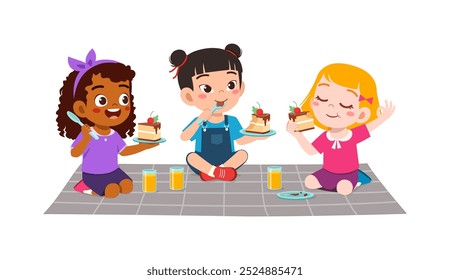 happy cute little kid boy and girl eat a birthday cake