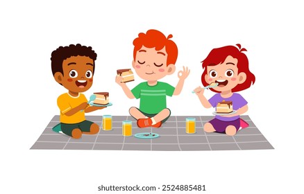 feliz menino bonito pequeno e menina comer um bolo de aniversário
