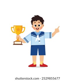 happy cute little kid boy holding trophy, vector and illustration