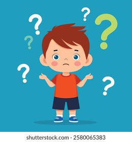 Happy Cute Little Kid Boy Think with Question Mark - Cartoon Vector Illustration