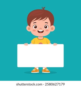 Happy Cute Little Kid Boy Holding Blank Banner - Cartoon Vector Illustration