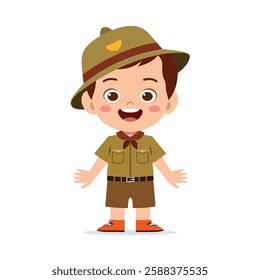 Happy cute little kid boy wear scout uniform flat vector illustration