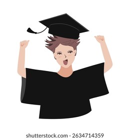Happy cute little kid boy graduate from school. Smiling kindergarten guy in graduate hat. Vector icon illustration