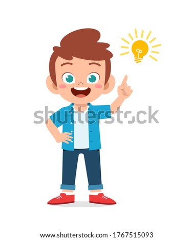 happy cute little kid boy with idea lamp sign