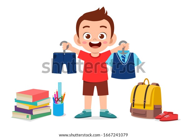 Happy Cute Little Kid Boy Preparing Stock Vector (Royalty Free ...