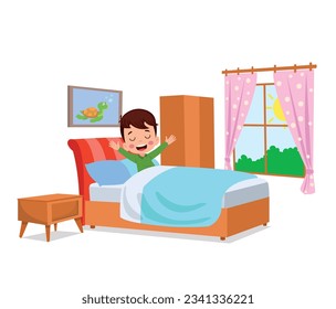 happy cute little kid children wake up in the morning