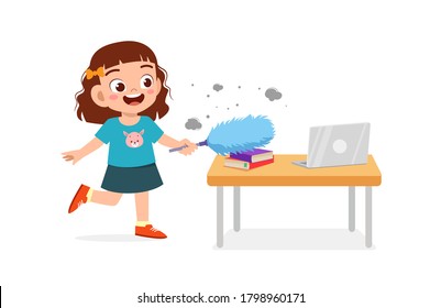 happy cute little kid cleaning table