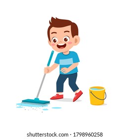 Happy Cute Little Kid Cleaning Floor