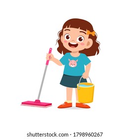 Happy Cute Little Kid Cleaning Floor Stock Vector (Royalty Free) 1798960267