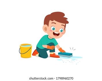 happy cute little kid cleaning floor