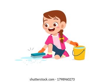 happy cute little kid cleaning floor