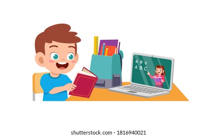 happy cute little kid do home school with computer laptop connect to internet study e-learning and course. e-learning web element