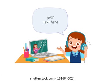 happy cute little kid do home school with computer laptop connect to internet study e-learning and course. e-learning web element