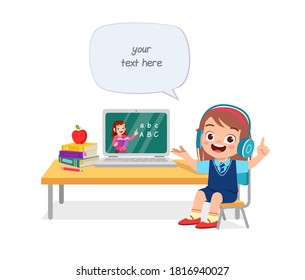 happy cute little kid do home school with computer laptop connect to internet study e-learning and course. e-learning web element