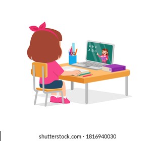 happy cute little kid do home school with computer laptop connect to internet study e-learning and course. e-learning web element