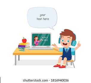 happy cute little kid do home school with computer laptop connect to internet study e-learning and course. e-learning web element