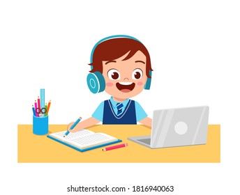 happy cute little kid do home school with computer laptop connect to internet study e-learning and course. e-learning web element