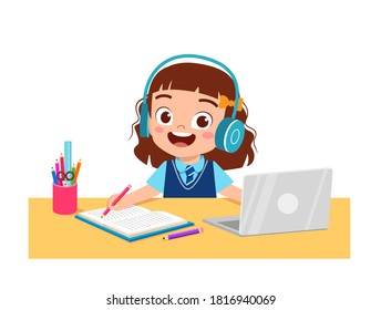 happy cute little kid do home school with computer laptop connect to internet study e-learning and course. e-learning web element