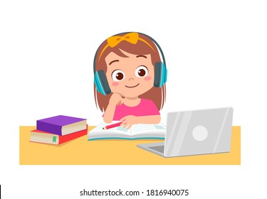 happy cute little kid do home school with computer laptop connect to internet study e-learning and course. e-learning web element