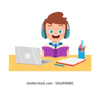 happy cute little kid do home school with computer laptop connect to internet study e-learning and course. e-learning web element