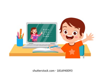 happy cute little kid do home school with computer laptop connect to internet study e-learning and course. e-learning web element