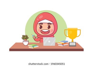 Happy cute little kid does home school with a computer laptop to study e-learning courses. Premium Vector
