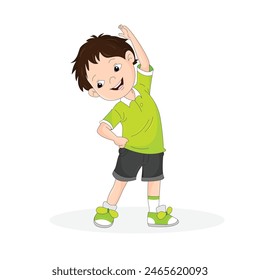 Happy cute little kid doing exercise stretching body vector illustration