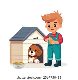 happy cute little kid feed  dog