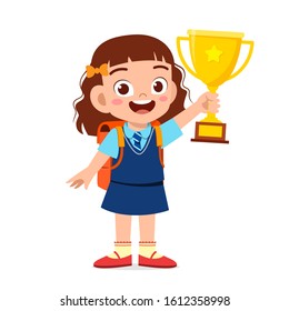 Happy Cute Little Kid Girl Holding Trophy