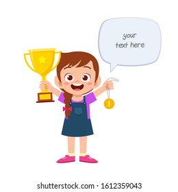 happy cute little kid girl holding trophy