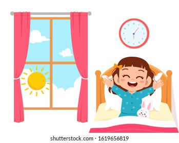 Happy Cute Little Kid Girl Wake Up