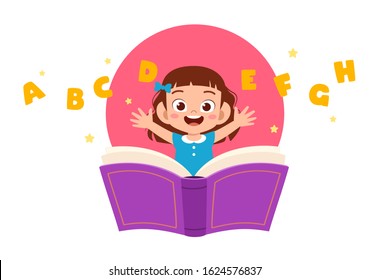 happy cute little kid girl with book and letters