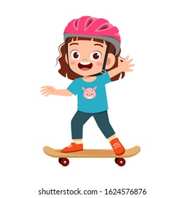 happy cute little kid girl play skateboard