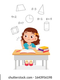 Happy Cute Little Kid Girl Study Math