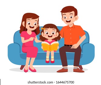 happy cute little kid girl read book with parent