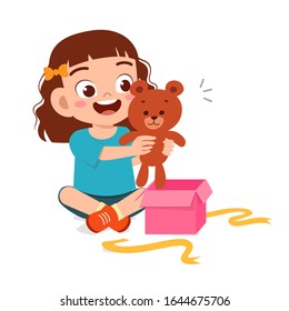 Happy Cute Little Kid Girl Open Gift Birthday