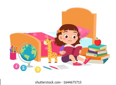 happy cute little kid girl read book in bed room