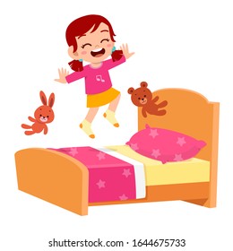 Happy Cute Little Kid Girl Jump On Bed Room