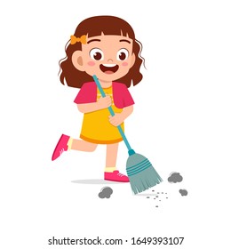 Happy Cute Little Kid Girl Sweeping Floor