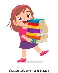 Happy Cute Little Kid Girl Carry Pile Of Books