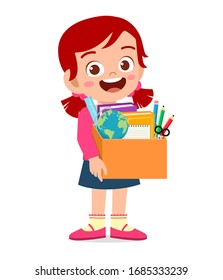 happy cute little kid girl carry box of school supplies