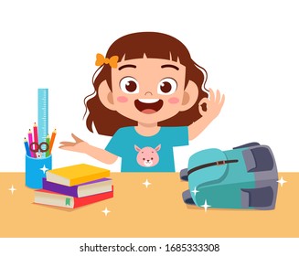 Happy Cute Little Kid Girl With Clean Desk