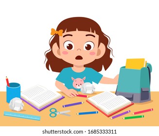 happy cute little kid girl with messy desk