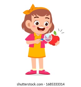 happy cute little kid girl holding magnifying glass