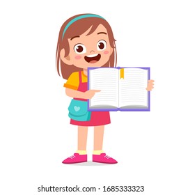 happy cute little kid girl carry blank book