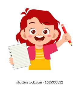 happy cute little kid girl hold notebook and pencil