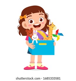 happy cute little kid girl carry box of toys